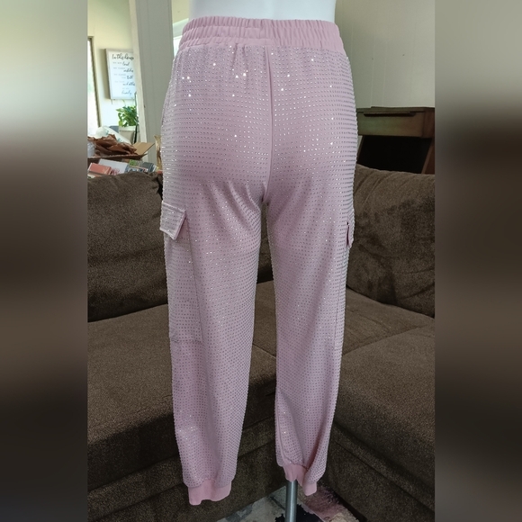 Crystal-embellished Jersey Cargo pants Utility Pant Pink Bling Bling M Joggers - Picture 3 of 9
